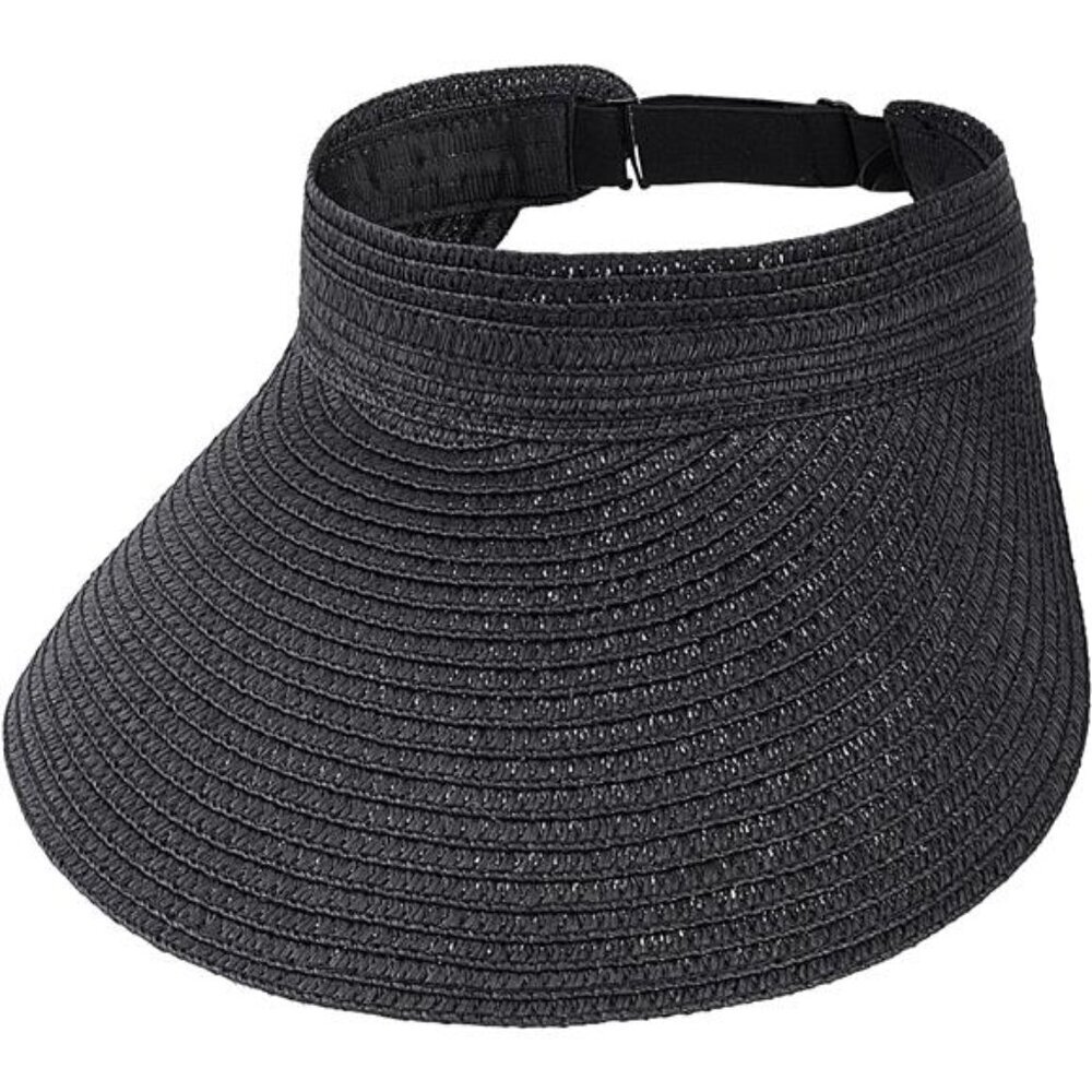 Black Wide Brim Straw Sun Visor Hat – Adjustable Roll-Up Visor for Women Beach